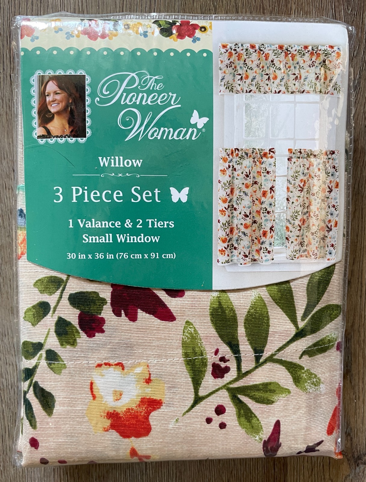 Pioneer Woman 3 Piece Curtain Set WILLOW 30” x 36” Cafe Style Valance and Tiers