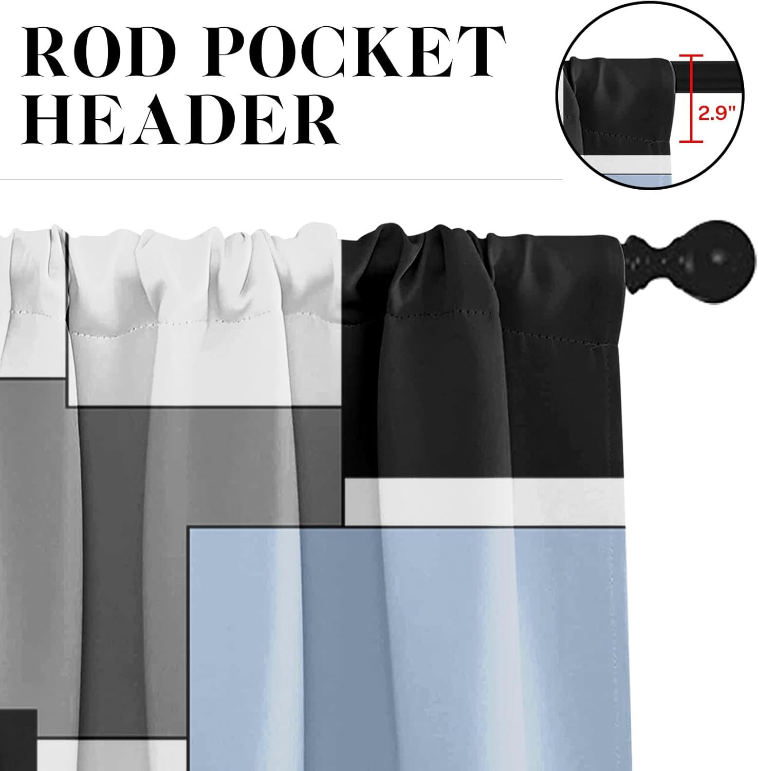 Sky Blue Kitchen Window Curtains Valance and Tier Set 36 Inch, Black Grey White