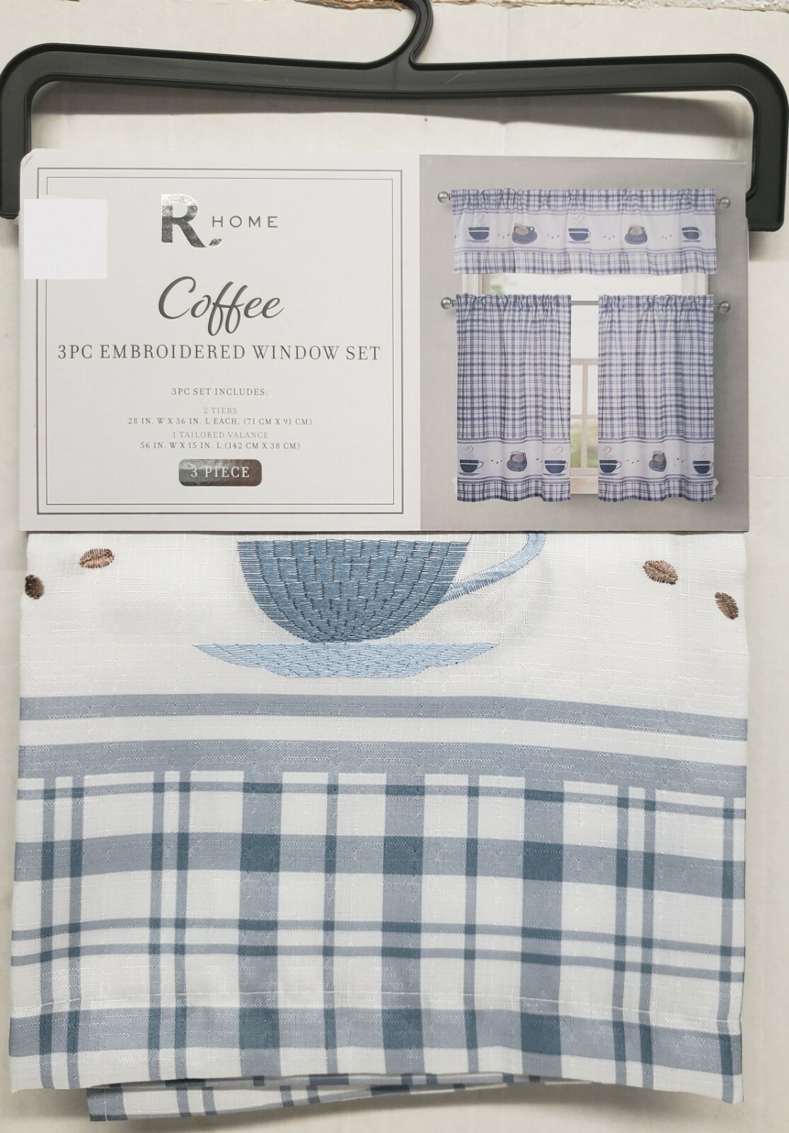 Embroidered Kitchen Window Curtains Set:2 Tiers & Valance(56×15″) COFFEE CUPS,RH