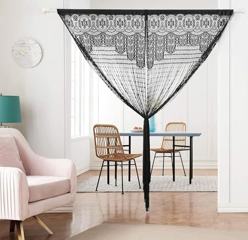String Door Privacy Lace Curtain Macrame Boho Doorway 35×79in/90×200cm Black
