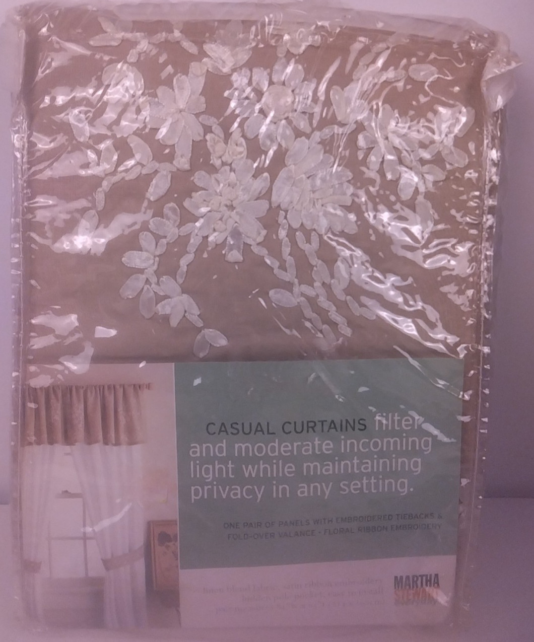 Martha Stewart Beige Floral Ribbon Embroidered 84″X 63″ Curtain Panels – New