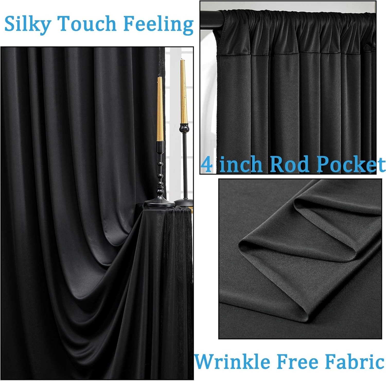 30ft x 10ft Black Backdrop Curtain – 6 Panels Polyester Drapes for Events