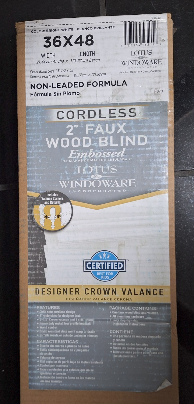 Lotus & Windoware 2in Cordless Faux Wood Embossed Blind Bright White 36in x 48in