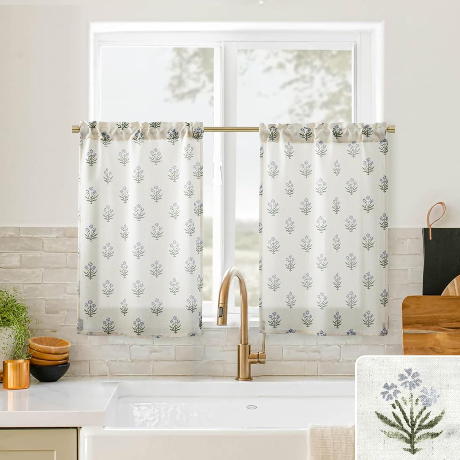 Short Door Curtains for Door Window,40 Inch Length Floral Patterned Linen Small