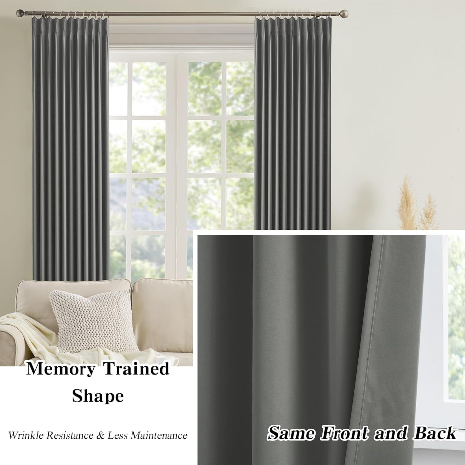 Extra Wide 90″ Blackout Curtains, Pinch Pleated Grey Room Divider 100″ Width