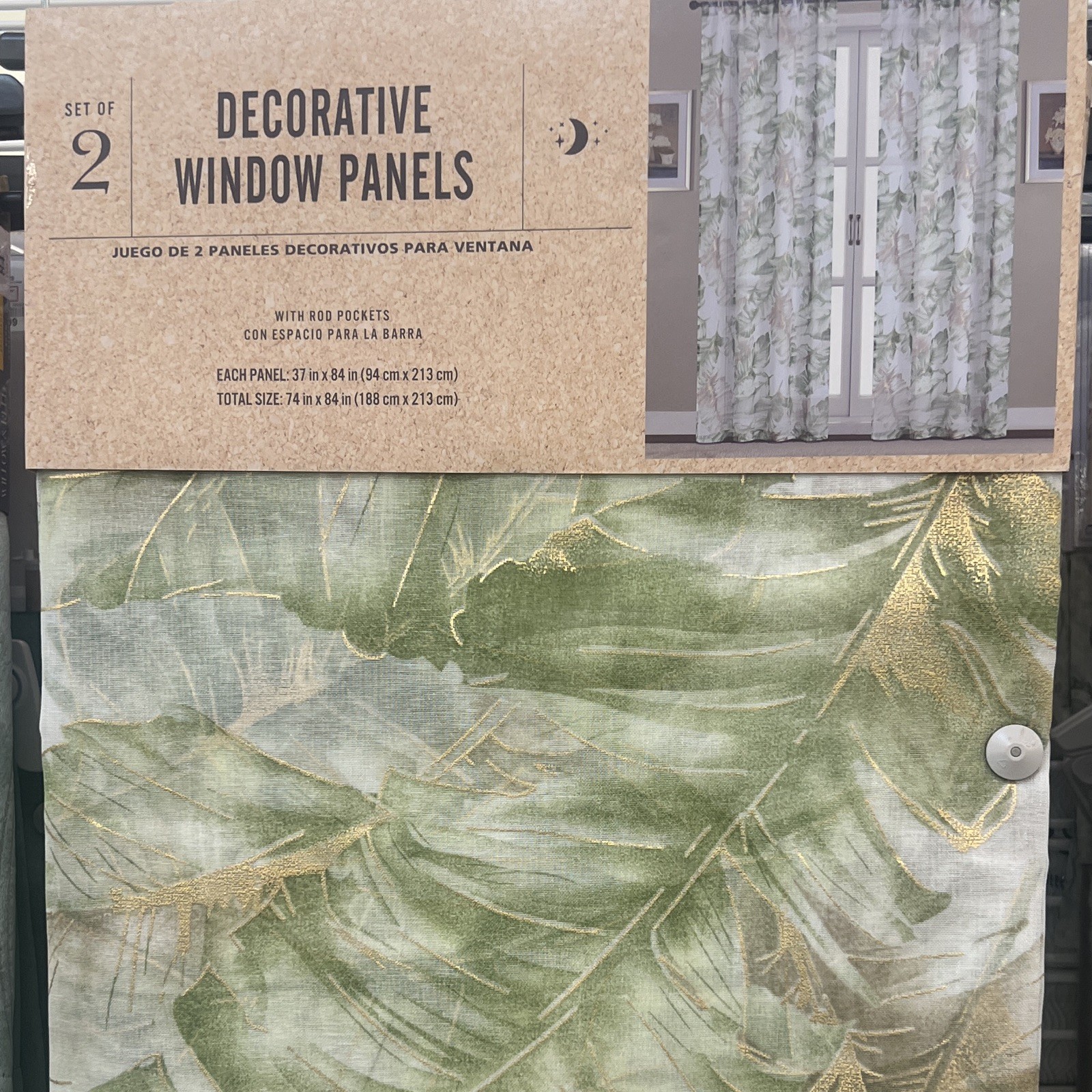 Set of 2 Rod Pocket Botanical Curtain Panels 37×84 Each Green/White 74×84