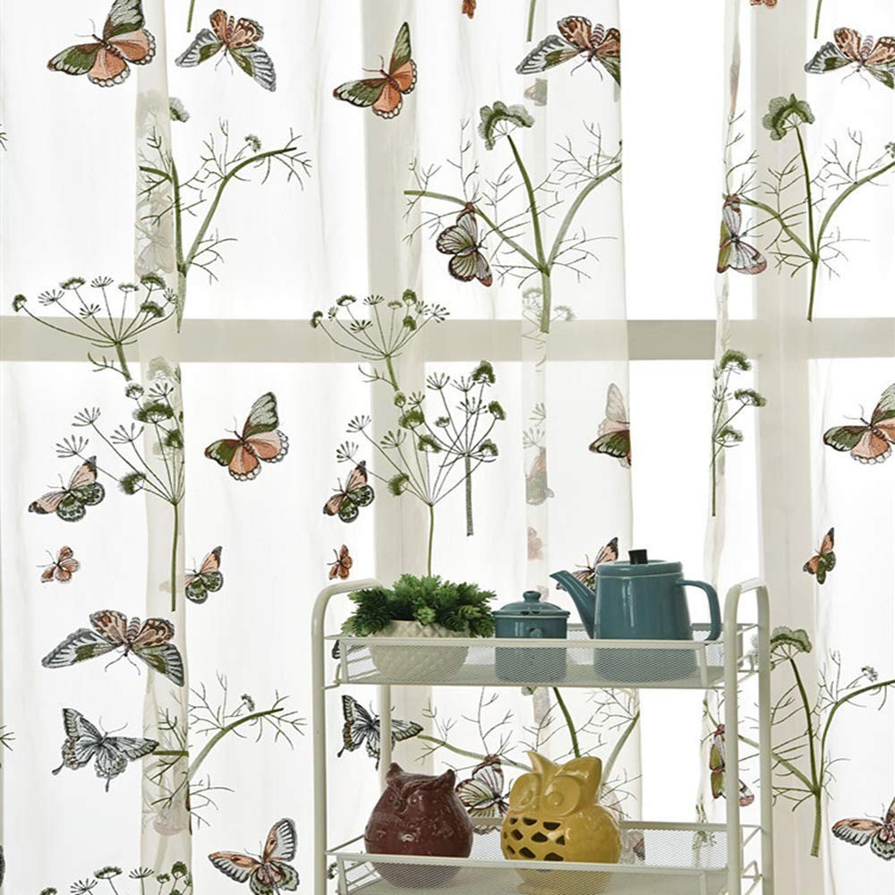 Embroidered Butterfly Window Semi Sheer Curtains for Room Country Style Dande…