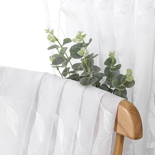 Leaf Sheer Tier Curtain Leaves Embroidered 30″W x 36″L (Pack of 2) White