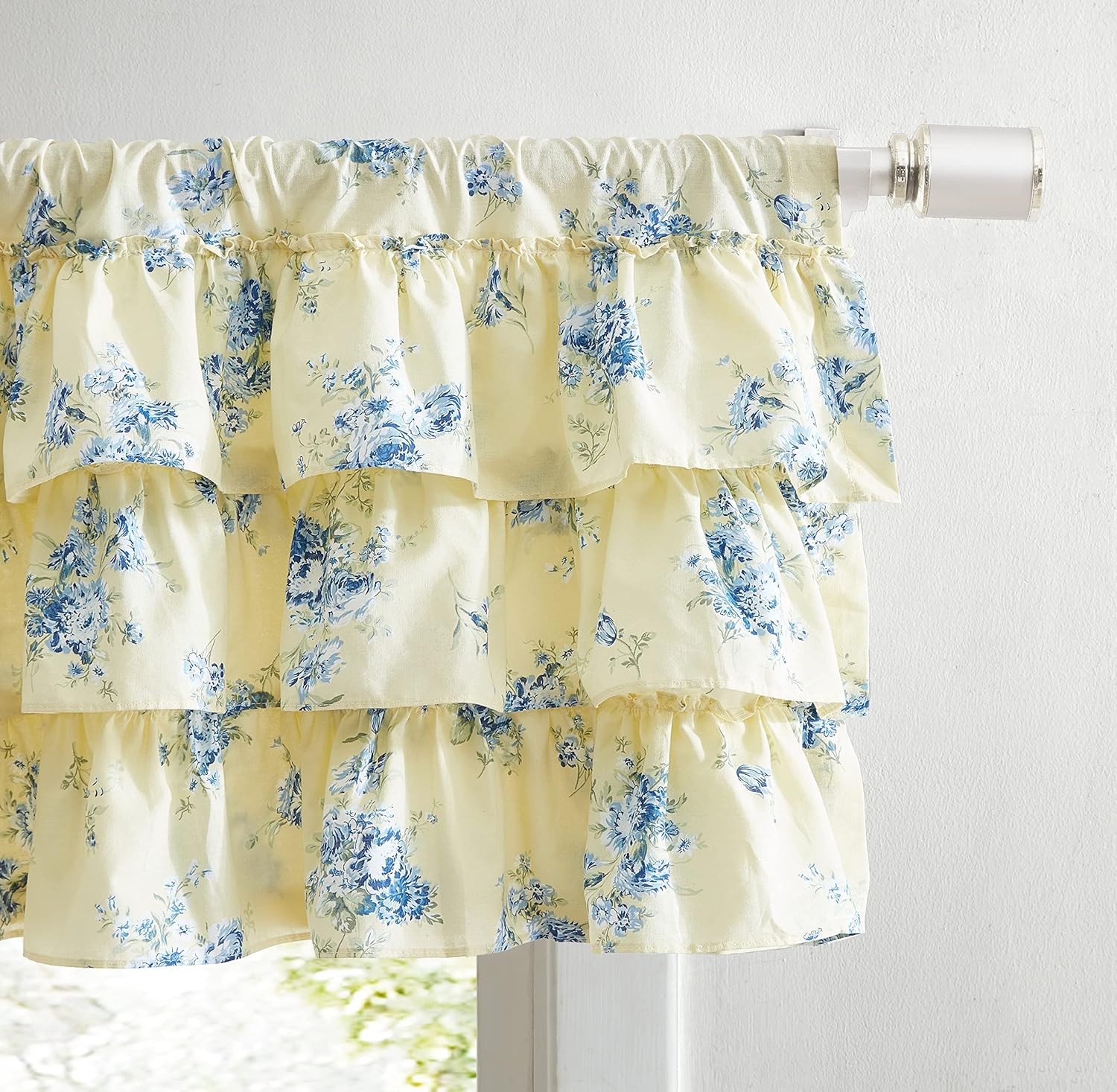 ® – Cotton Percale Pole Valance, Ruffled Floral Window Curtains (Amelia Yellow,