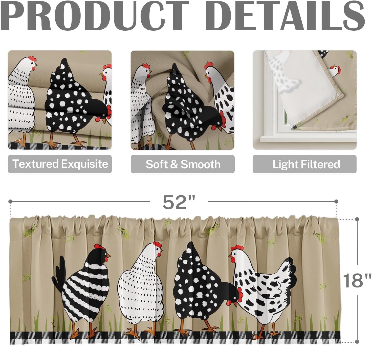 2 Pack Valances Window Treatments, Black White Rooster Farmhouse Funny Chicken B