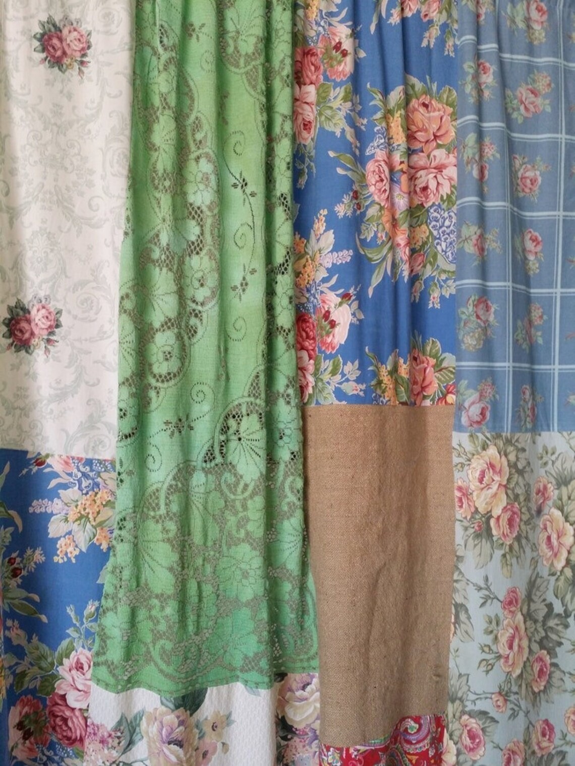 2 Pcs Indian Sari Patchwork Curtain Drape Window Decor Multi Silk Sari Curtain