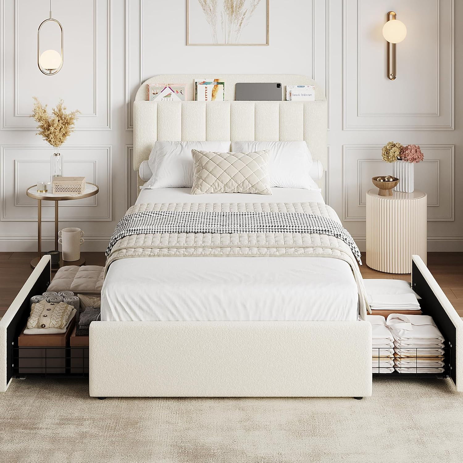 Ivory White Twin Bed Frame with Storage Headboard & Drawers, Easy Assembly