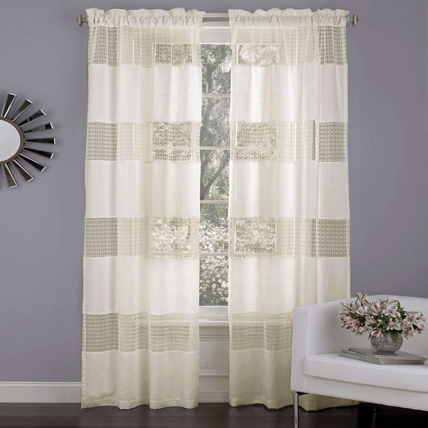 2 IVORY Laura Ashley Belle Heather Window Panel Curtain 40×84 Daisy Chain Lace