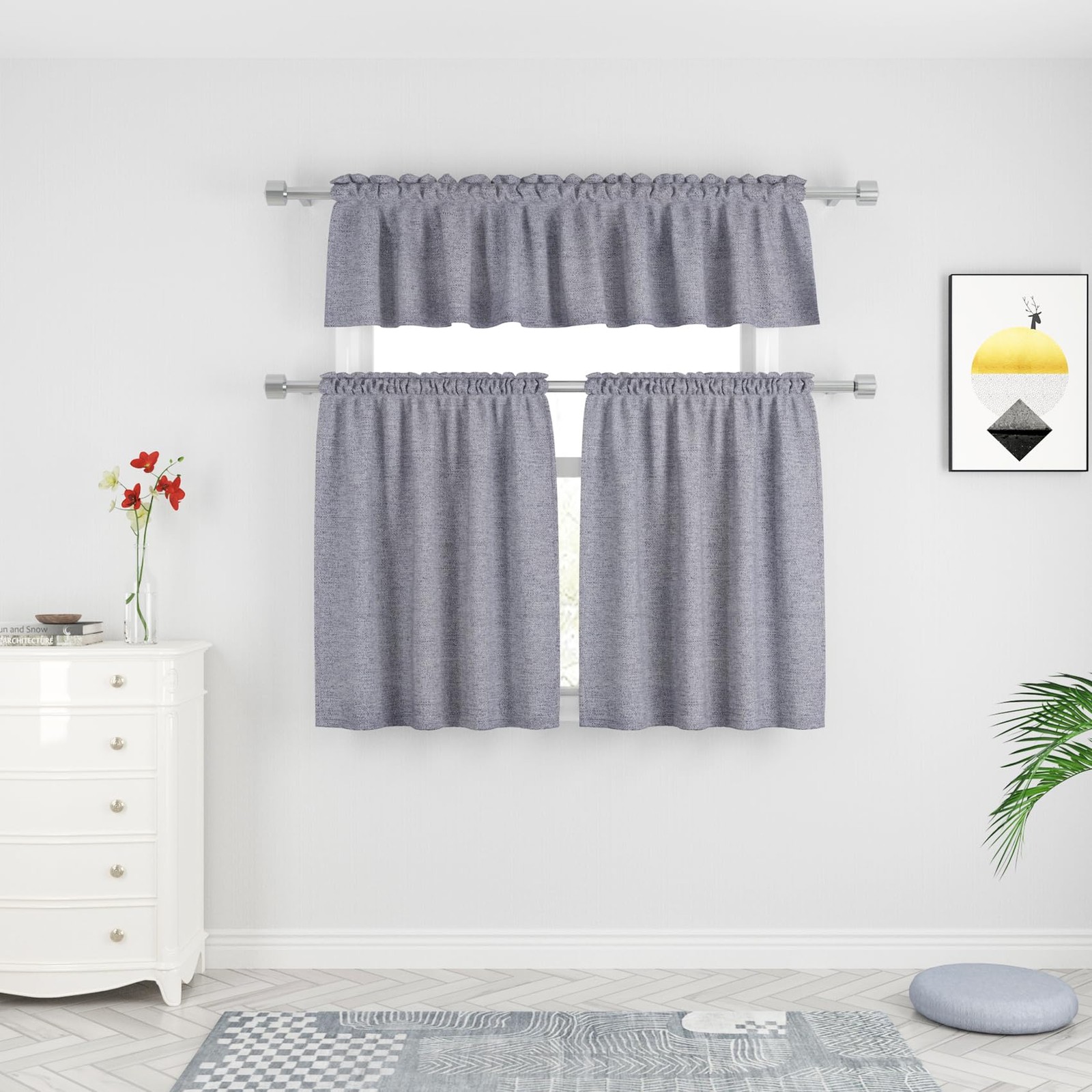 Dark Gray 3 Pieces Tier Curtains and Valance Set for Kitchen Window Over Sink…