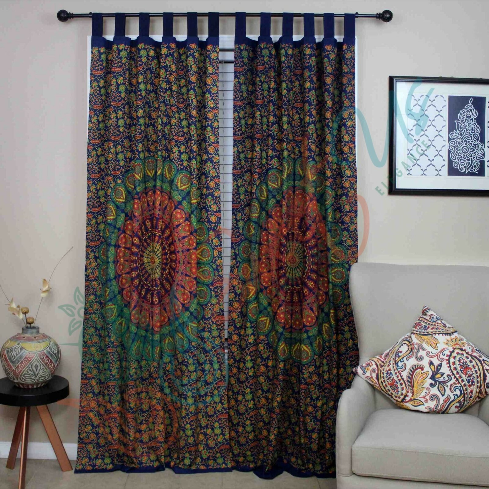 Sanganer Mandala Cotton Tab Top Floral Curtain Panel 44 x 88 inches Navy Blue