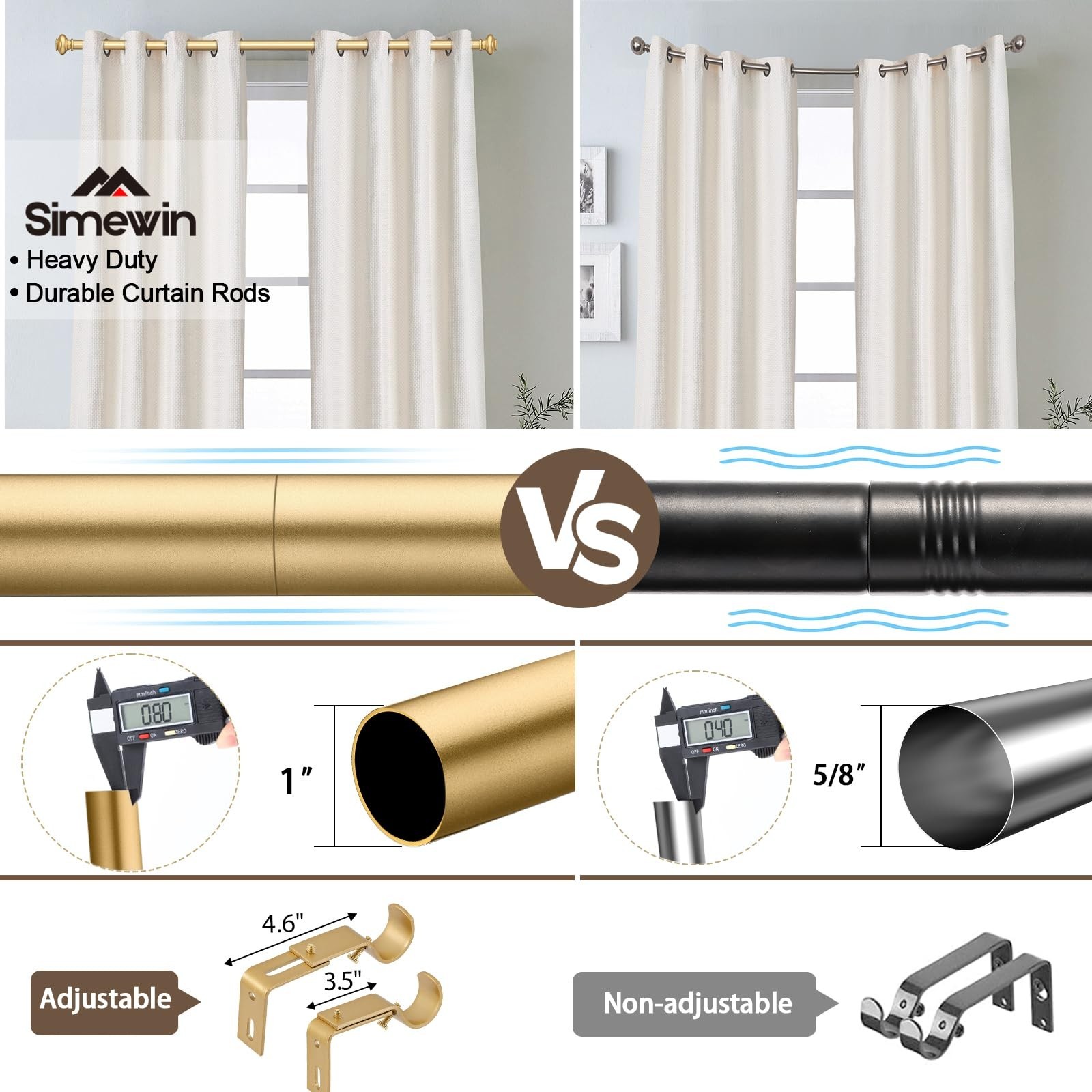 SIMEWIN Gold Curtain Rods for Windows 72 to 144 Inches Adjustable Decorative …