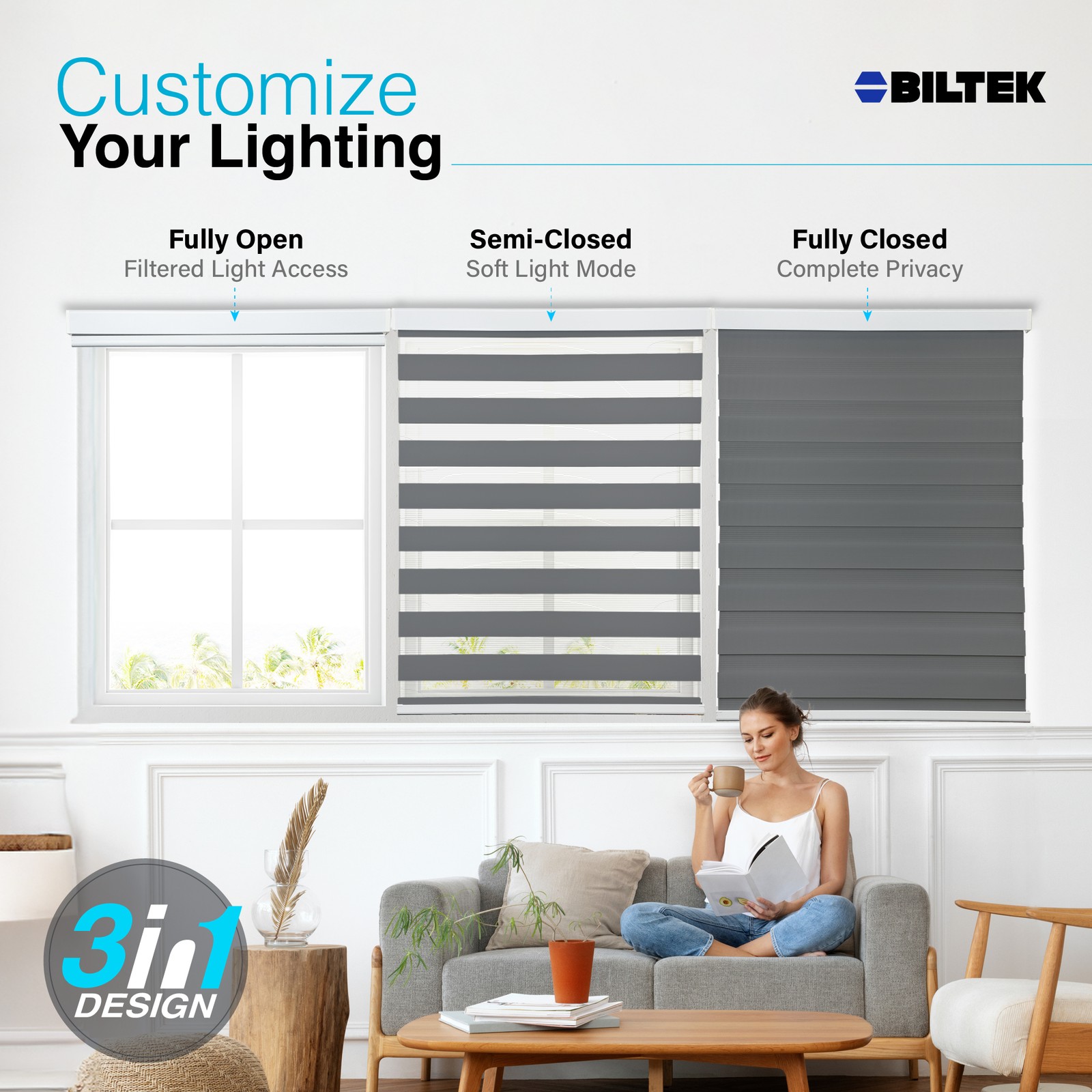 Cordless Zebra Roller Blinds Sheer Shades, Sheer or Privacy – Gray, 32″W X 72″H