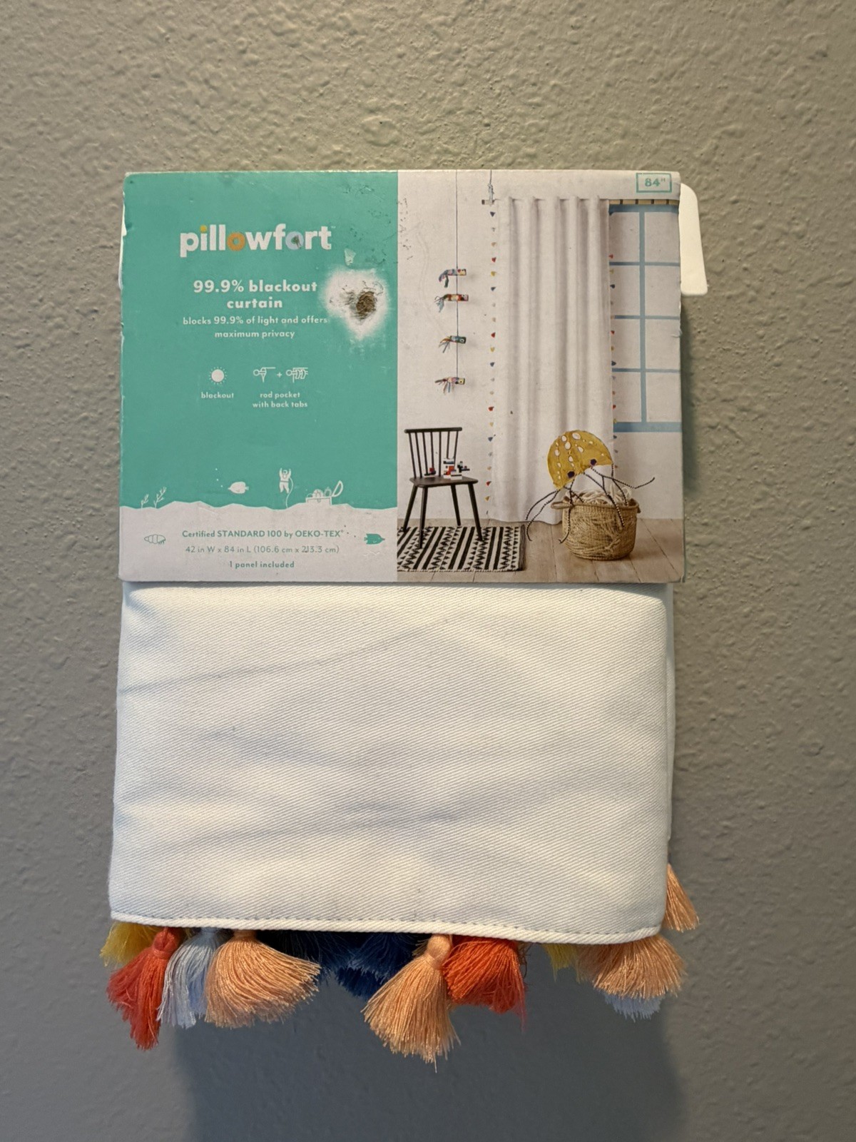 Pillowfort White W/Multi color Tassel Trim Blackout 42×84 Curtain