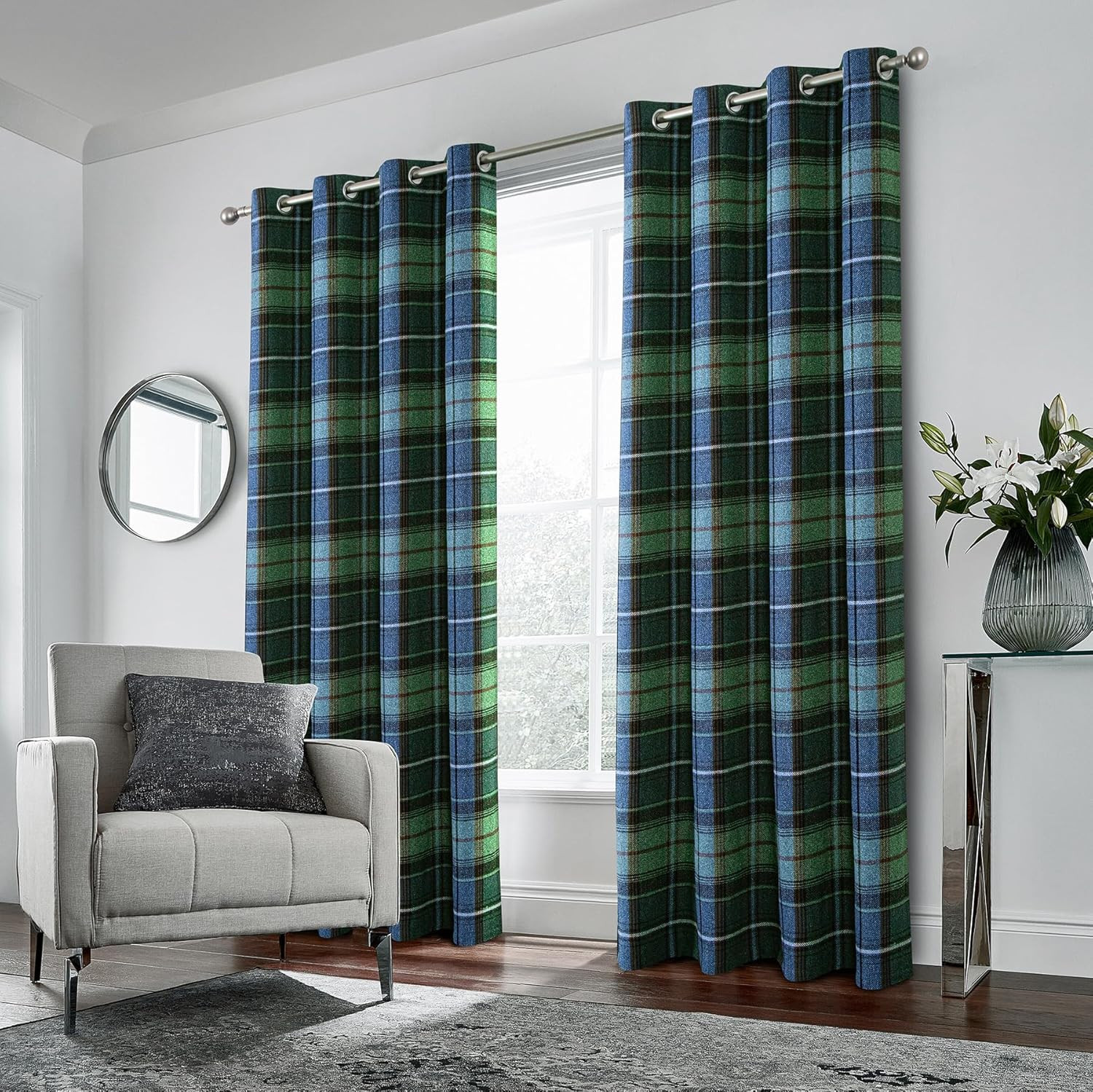 Plaid Woolen Look Curtains – Blue Green Tartan Window Panels 45×84 Inches