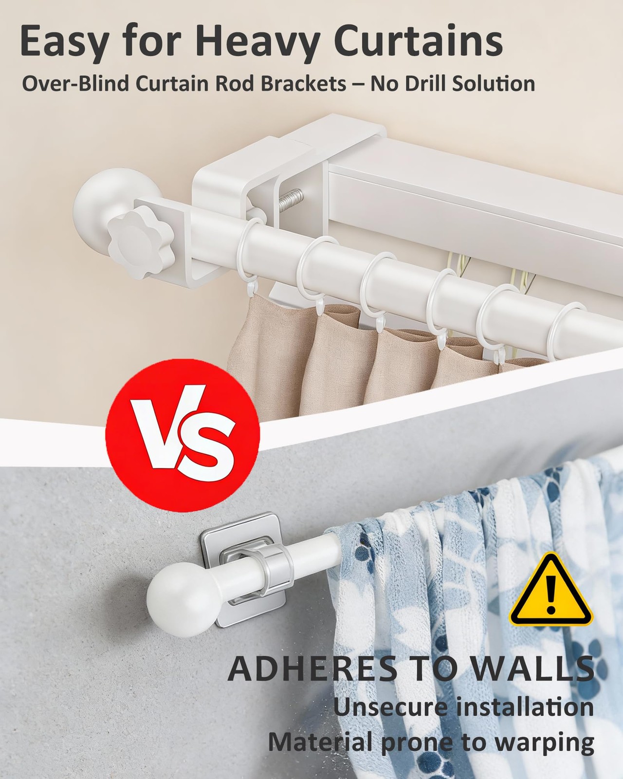 No Drill Curtain Rod Brackets for Outside-Mount Blinds, Tool-Free Over-Blind …