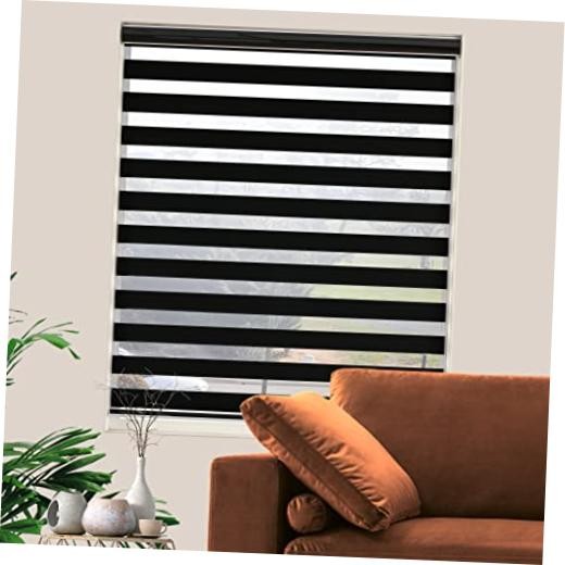 Custom Sizeout Zebra Blinds, Dual Layer Free-Stop, Room 20″W x 72″H Black