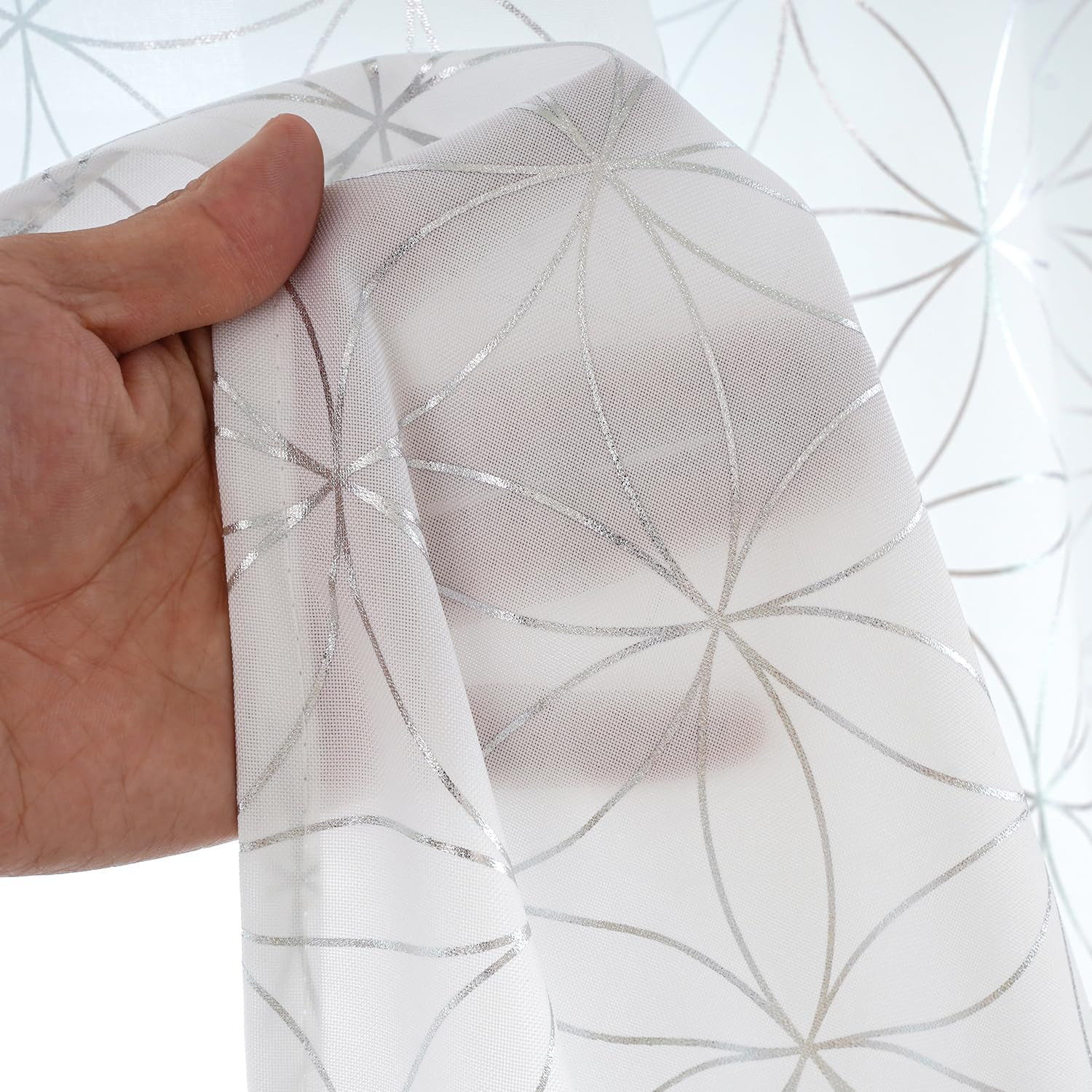 Exclusive Silver Linen Grommet Curtains, Unique Metallic Moroccan Tile Foil Prin
