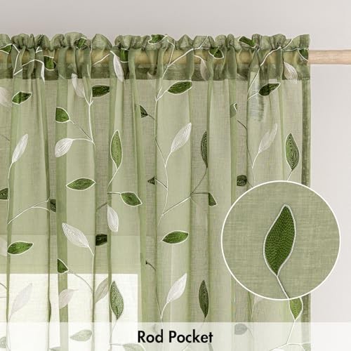 Sheer Kitchen Curtains 30×36 Inches Leaf 30″W x 36″L (Pack of 2) Sage Green