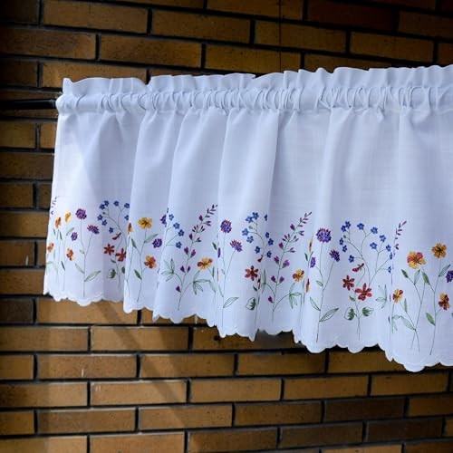 PKT Floral Embroidery Curtain Valance, White Elegant 50″W x 16″L (Pack of 1)