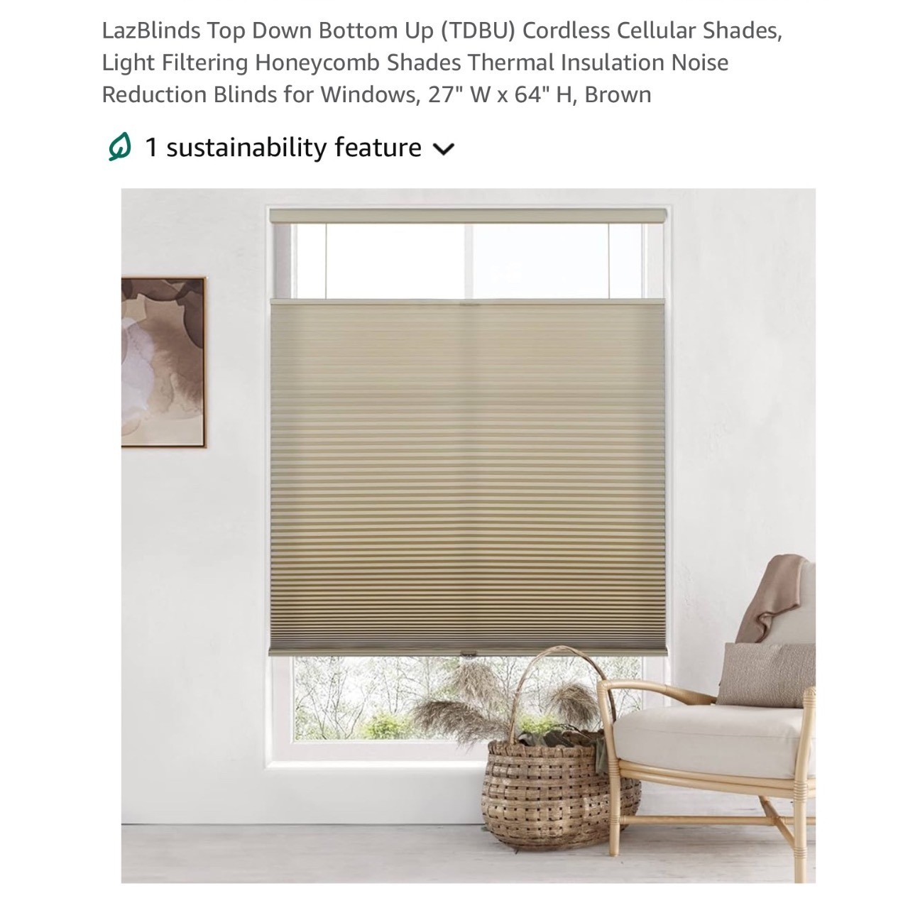 LazBlinds Cordless Shades Top Down Bottom Up Light Filtering 27″x64″ Brown