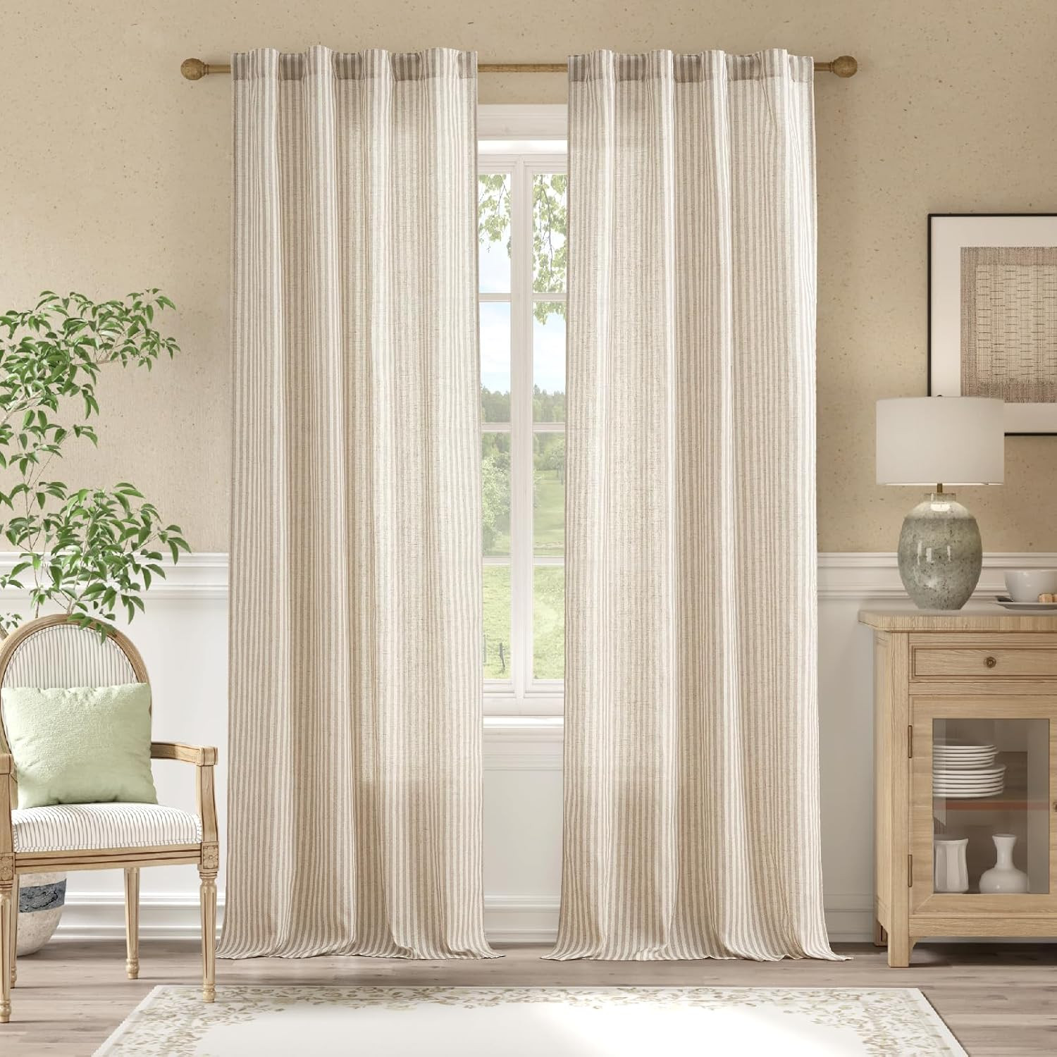 jinchan Linen Curtains Taupe Grey on Beige Striped Curtains for Living Room Bedr