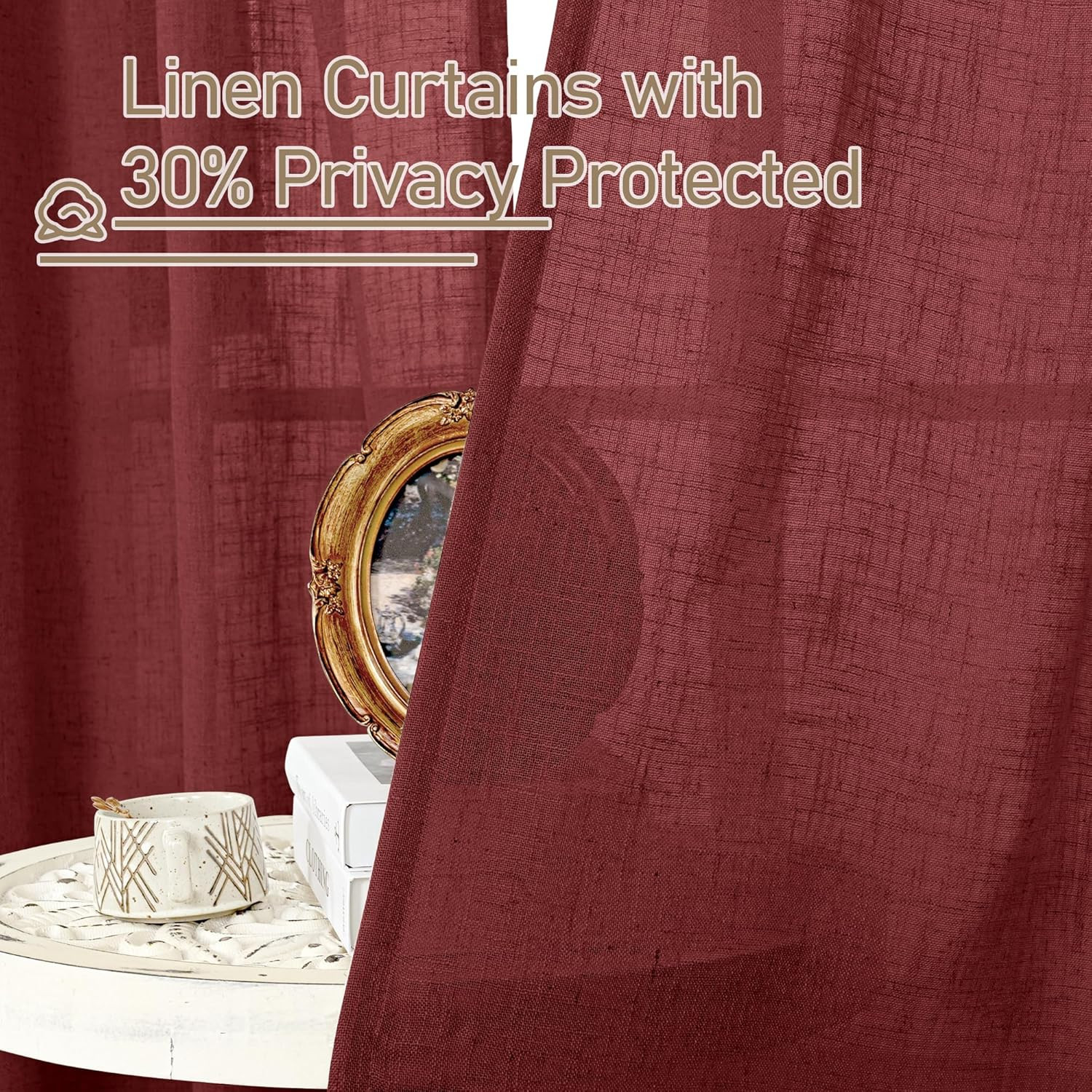 LAMIT Red Linen Curtains 40 Inches Long for Kitchen, Semi Sheer Light Filtering
