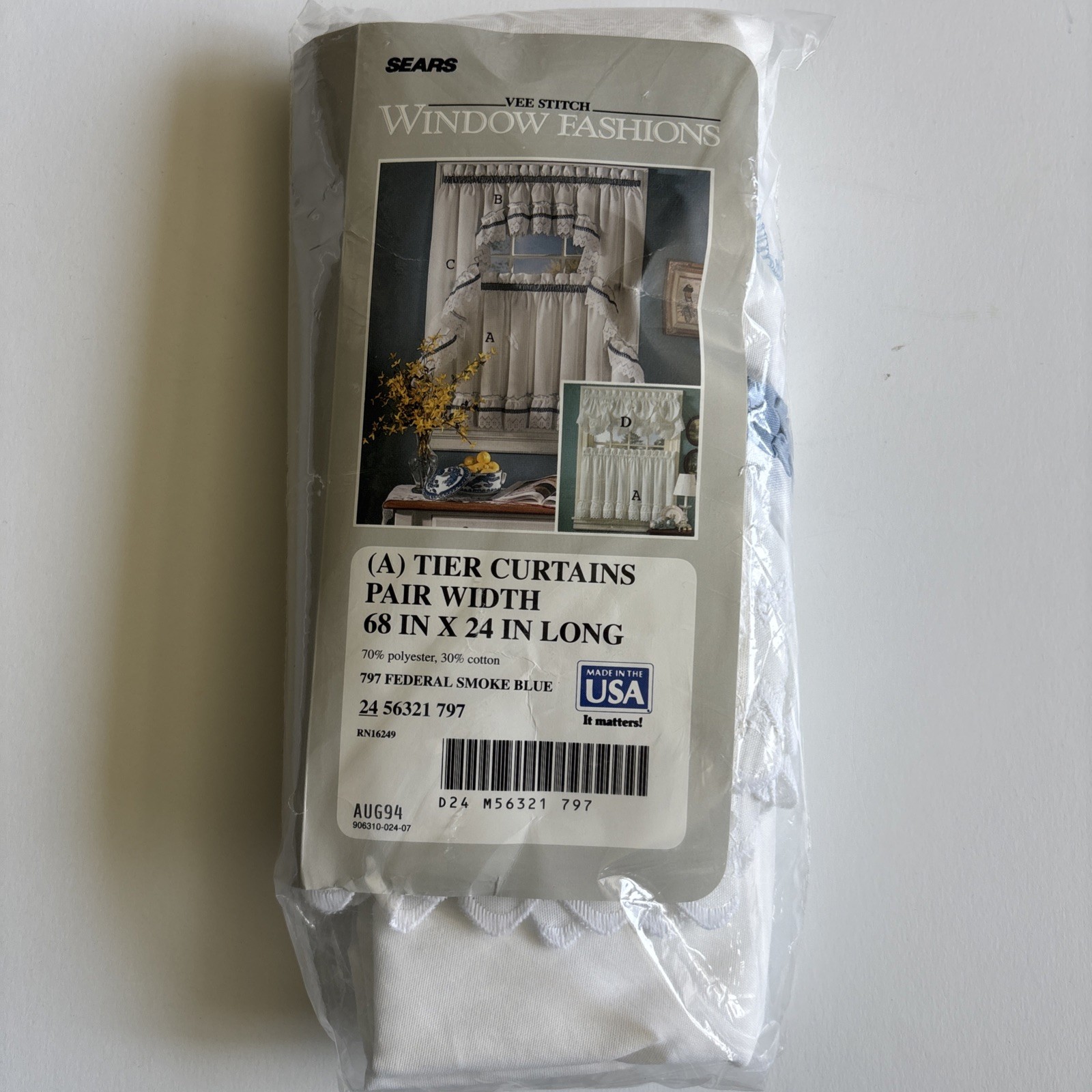 VTG Sears Vee Stitch Window Fashions (A) Tier Curtains White Eyelet Blue Ruffle