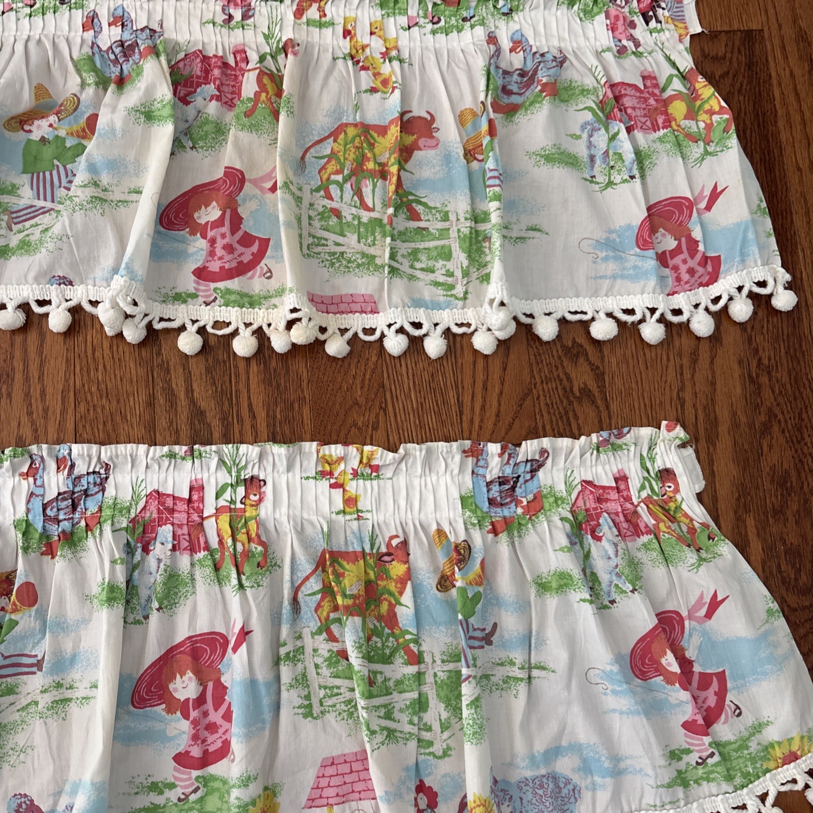 Vtg Kids Novelty Storybook Valance Lot 2 Handmade Rod Pocket Pom Pom Trim Retro