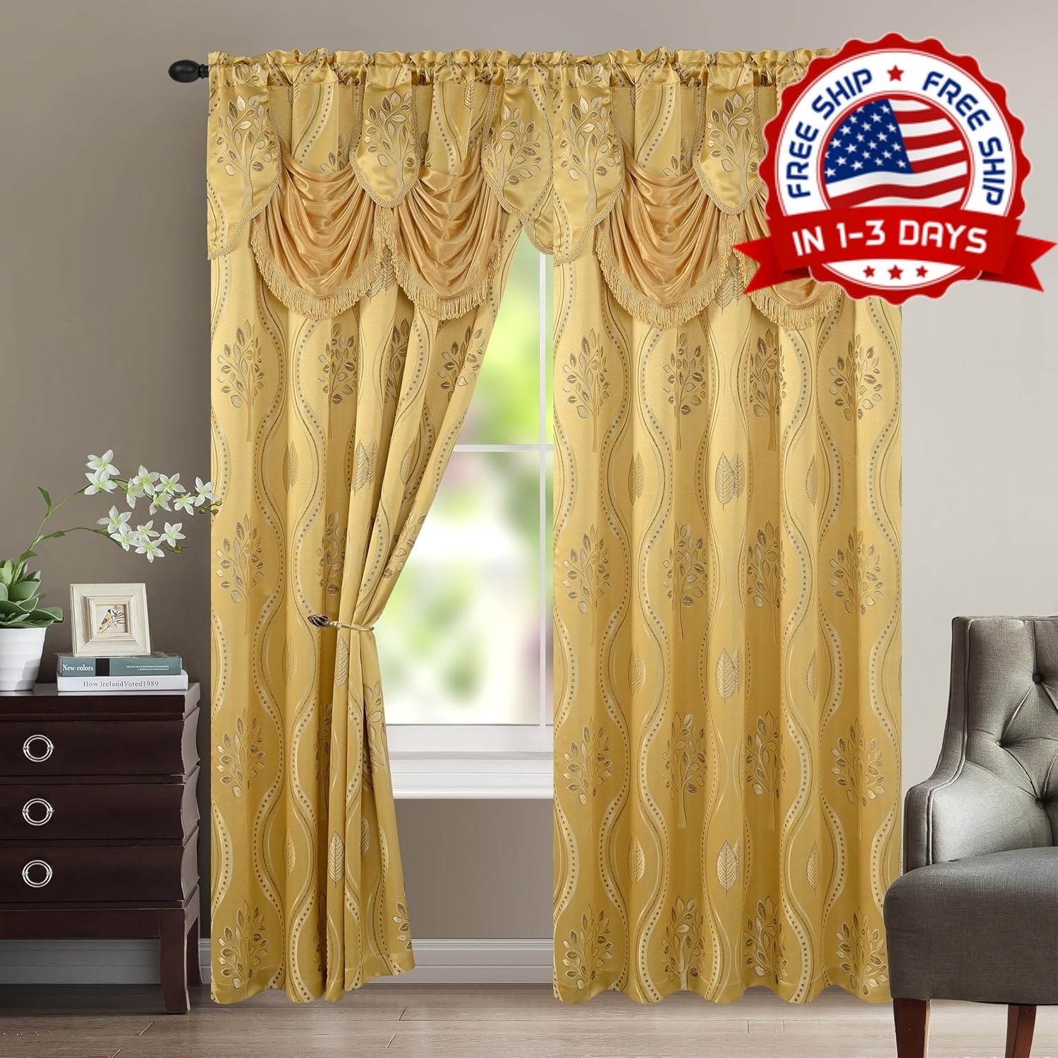 Conjunto De Cortinas Con Volante Incorporado 54 Y 84 Pulgadas Juego De 2 Dorado