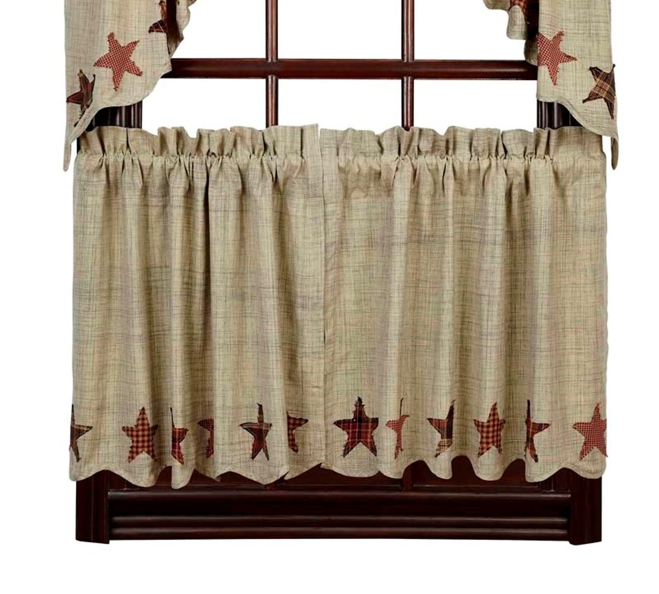 ABILENE STAR LINED WINDOW TIERS 24X36″ SET OF 2 CREME/DARK GREY ~ STARS BORDER
