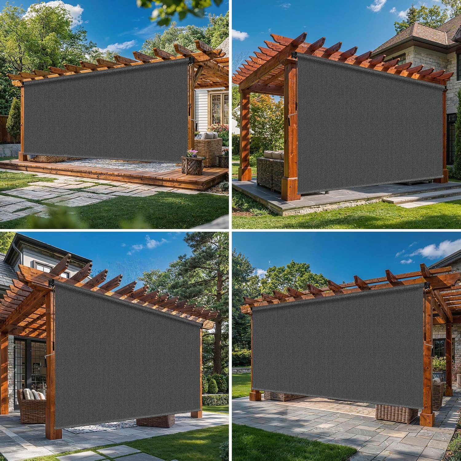 10’W X 8’H Gray Outdoor Roller Shade with Crank Wand Patio Shades Roll Up, Priva