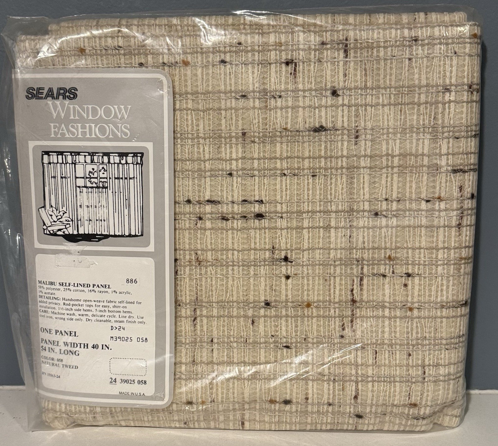 40” x 54” Tweed Sears Panel Curtain Malibu Self-lined Pole Top Panel
