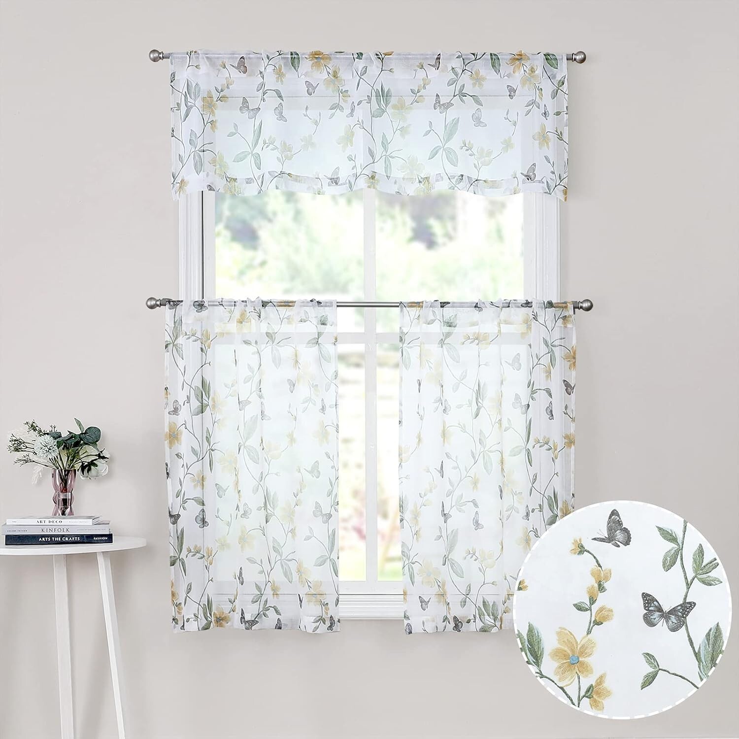 Sheer Floral Curtain Valance Yellow Flower Butterfly Printed Bedroom Curtain