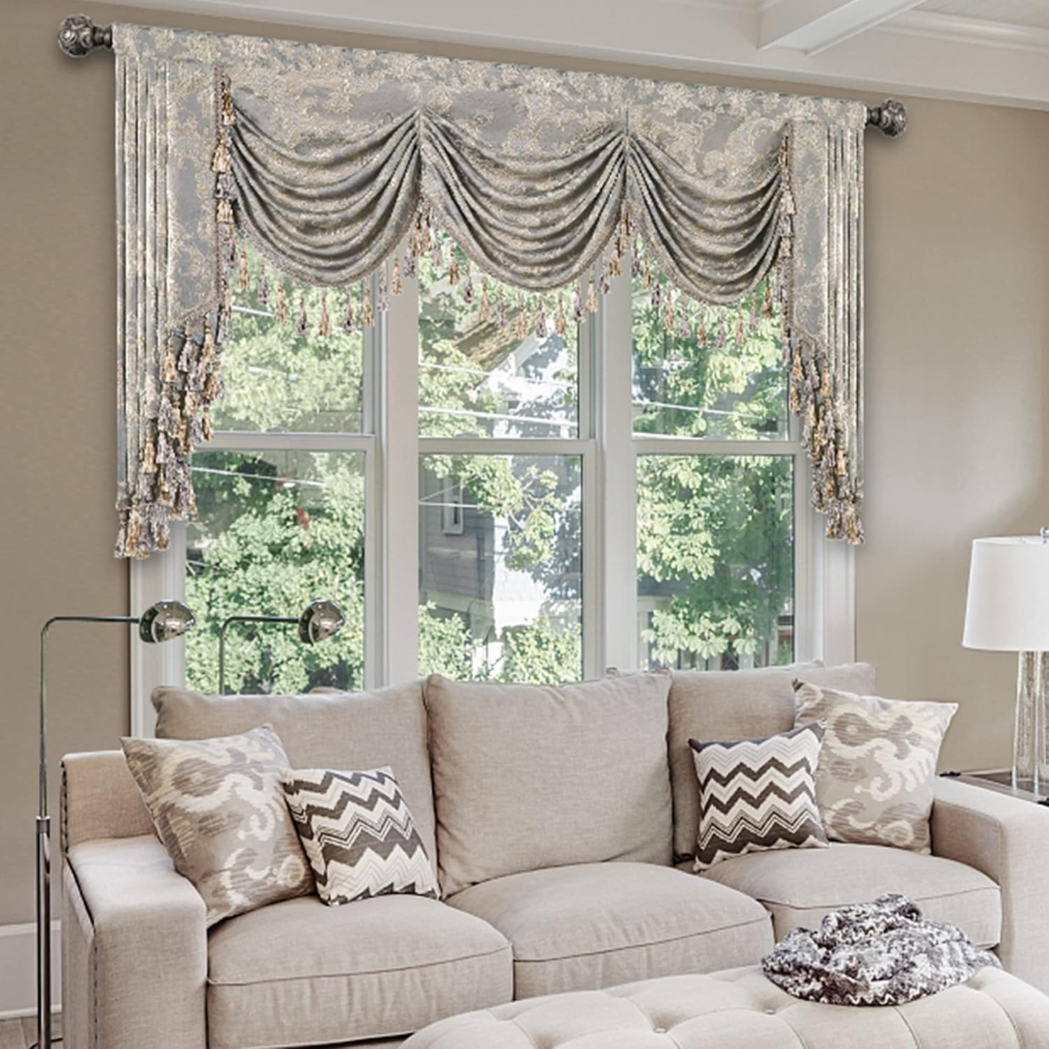 Luxury Waterfall Valances for Windows, Jacquard Thick Swag Waterfall Curtains Va