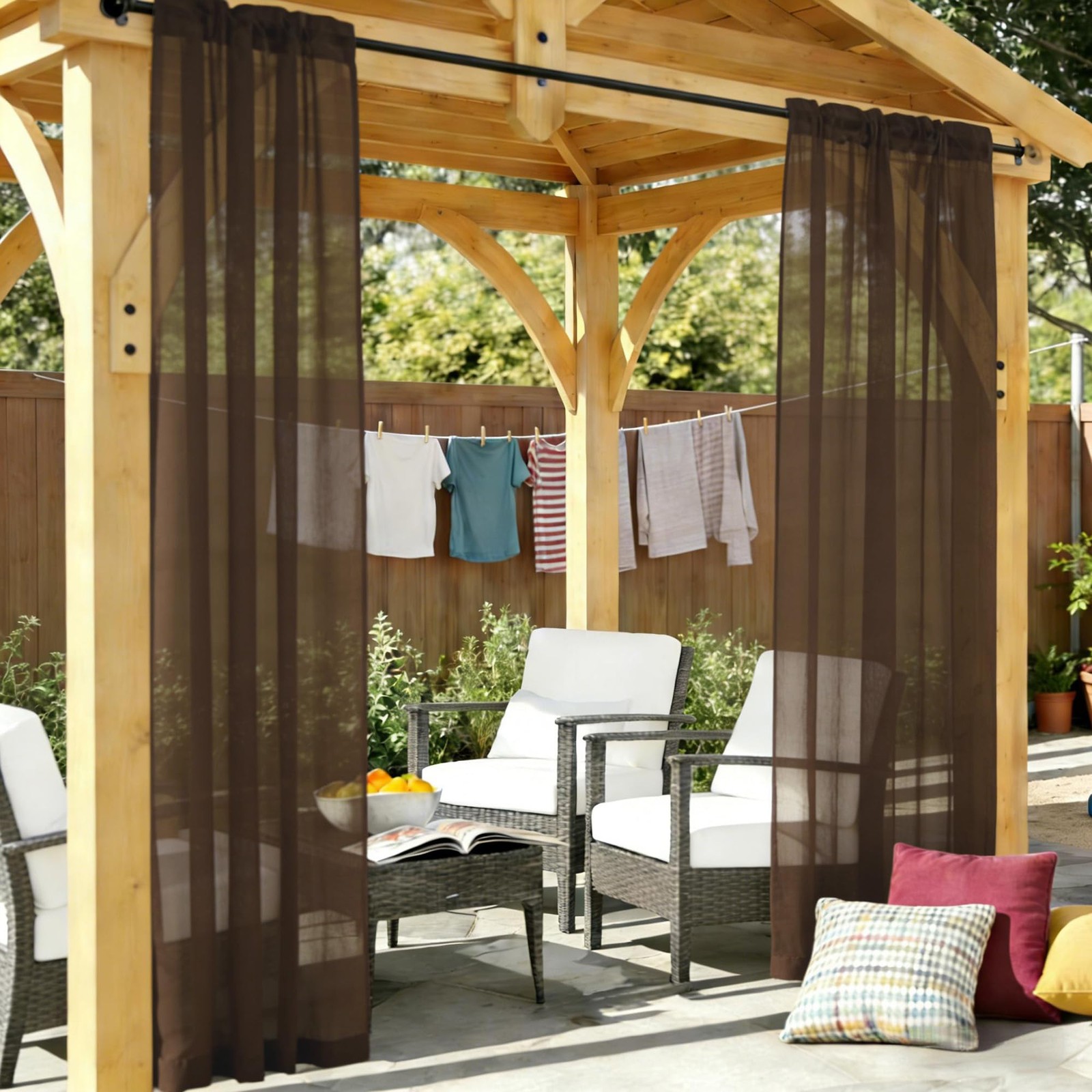 Brown Waterproof Sheer Patio Curtains 52×84, 2-Panels Rod Pocket for Outdoors