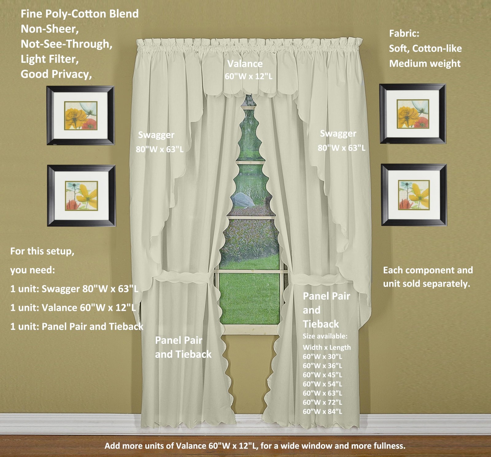 Today’s Curtain, Orleans Scallop Curtain, Ecru 63″ Panel Pair and Tieback,4Pi…