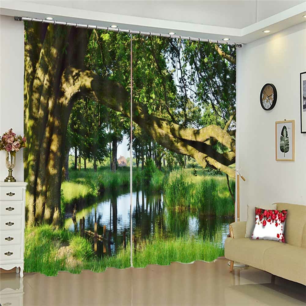 Green Oil Mirror Lake 3D Curtain Blockout Photo Printing Curtains Drape Fabric