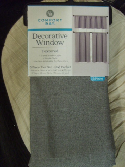COMFORT BAY~GRAY~TEXTURED~3 PIECE TIER & VALANCE CURTAIN SET~NEW~ROD POCKET