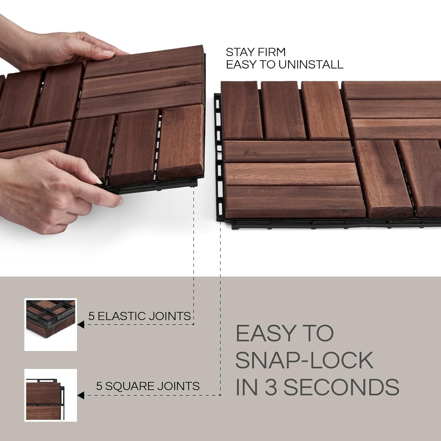 Interlocking Deck Tiles Waterproof Acacia Wood Set 10 12×12 Inches Brown Outdoor
