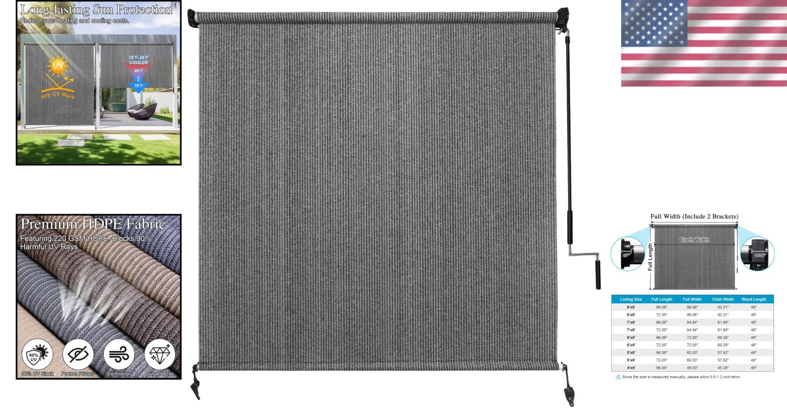 Outdoor Roller Shade 8×8 UV Blocking Cordless Patio Blinds Sun Screen