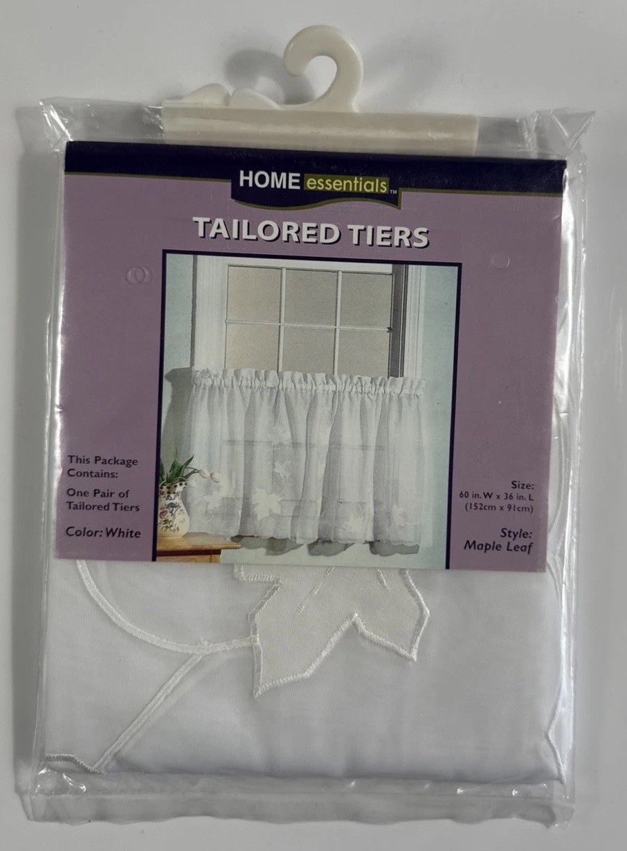 White Curtains Tailored Tiers Home Essentials Maple Leaf One Pair K-Mart VTG New