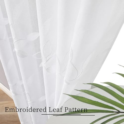 Leaf Sheer Tier Curtain Leaves Embroidered 30″W x 36″L (Pack of 2) White
