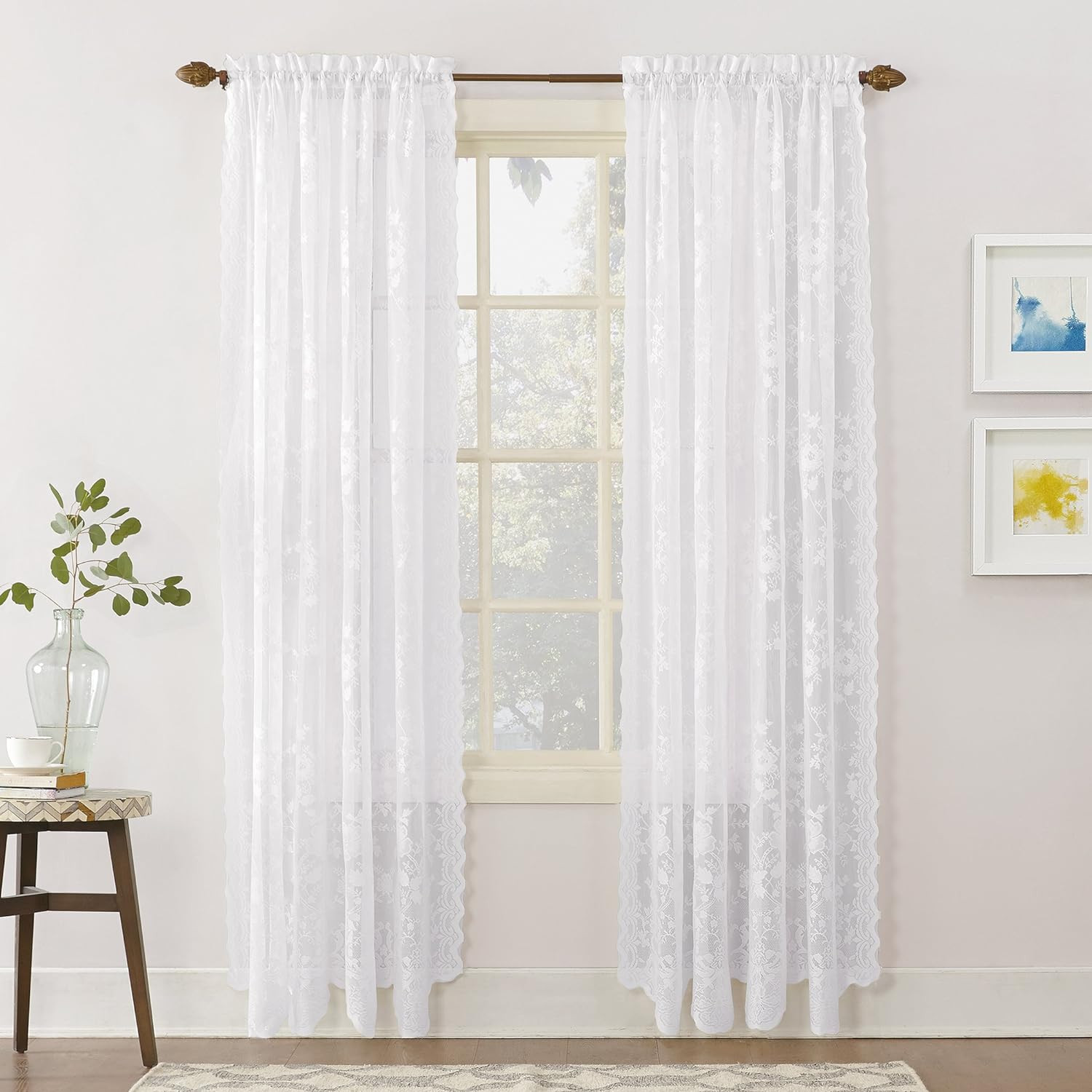 Alison Floral Lace Sheer Rod Pocket Curtain Panel, 58″ X 72″, White