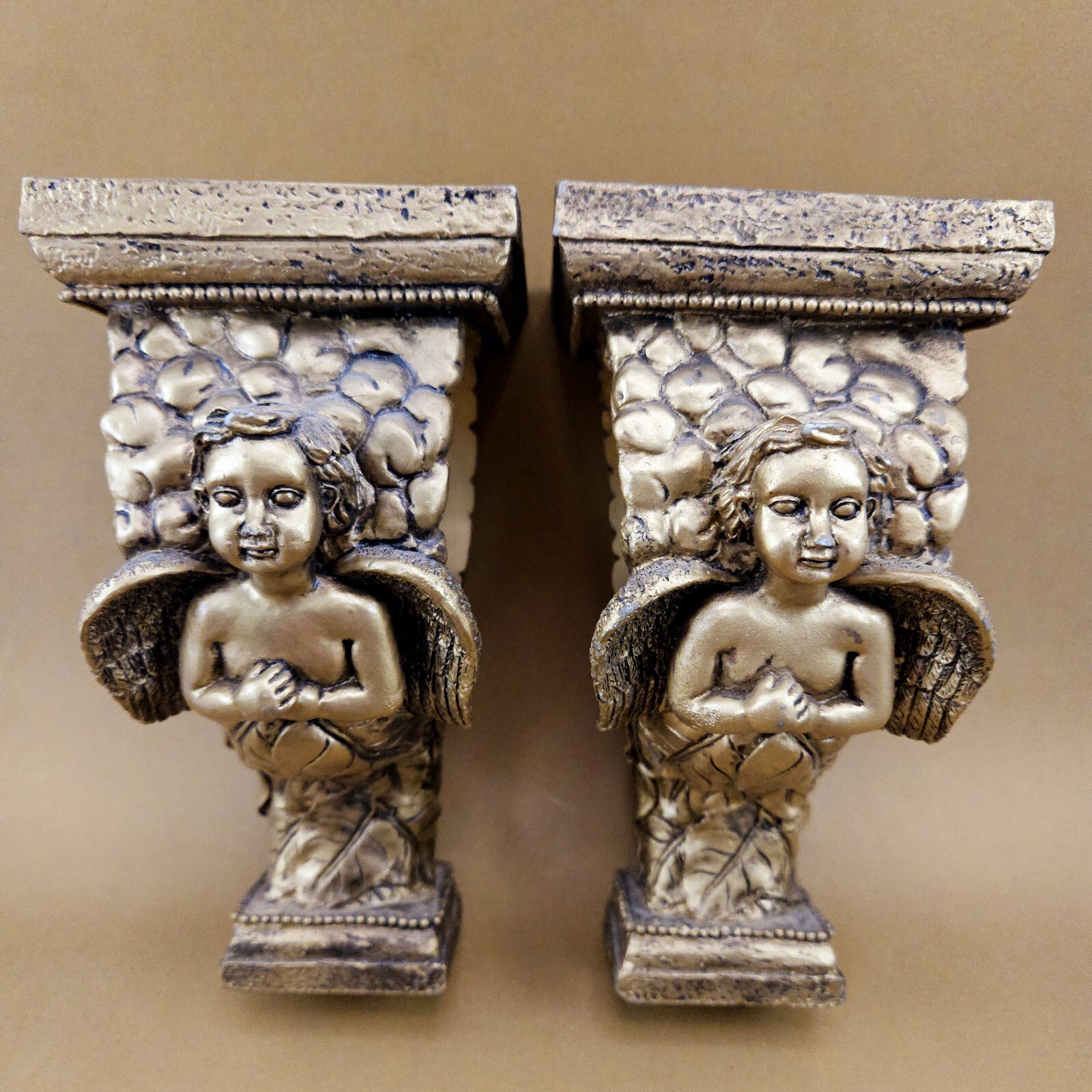 Cherub Curtain Rod Holders Gold Tone Gild Lot Of 2 Angels 2 3/4″ Opening Resin