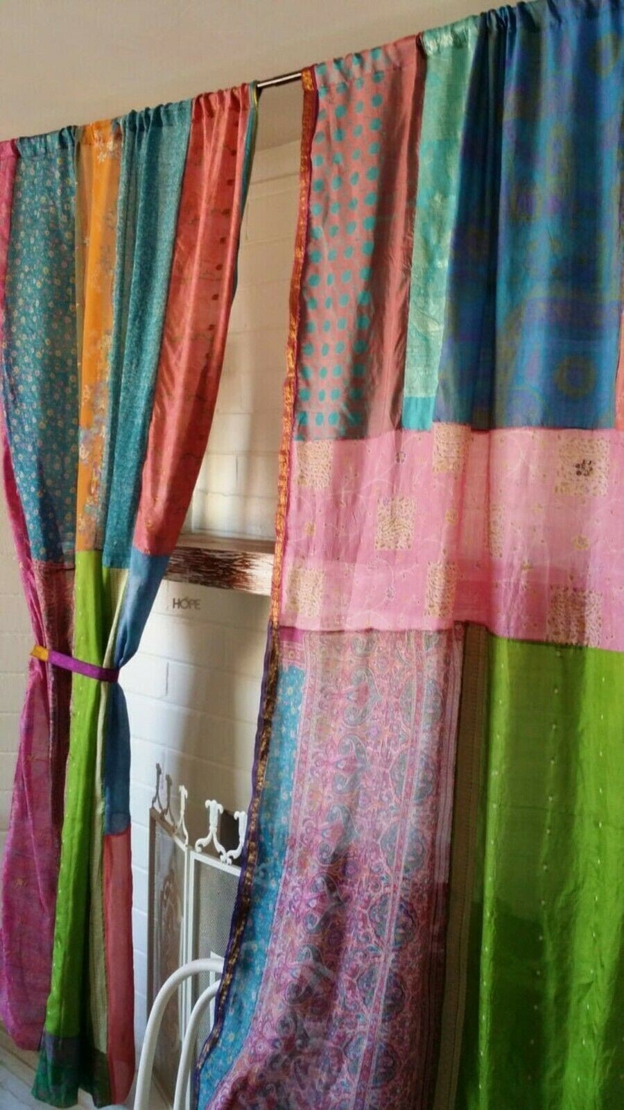 2 Pc Indian Saree Patchwork Curtain Drape Window Decor Multi Silk Sari Curtain